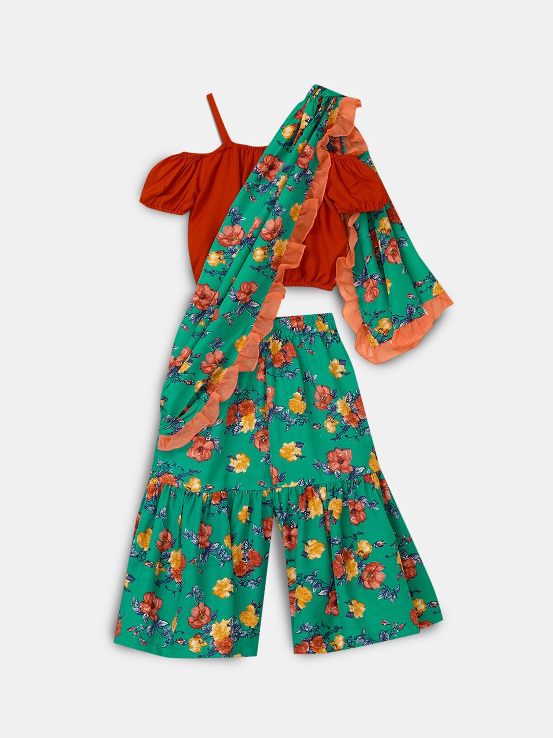 

Hopscotch Girls Green Embroidered High Slit Kurta with Churidar