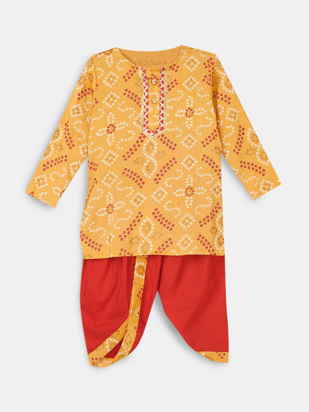 

Hopscotch Boys Yellow Printed Pure Cotton Kurta with Pyjamas