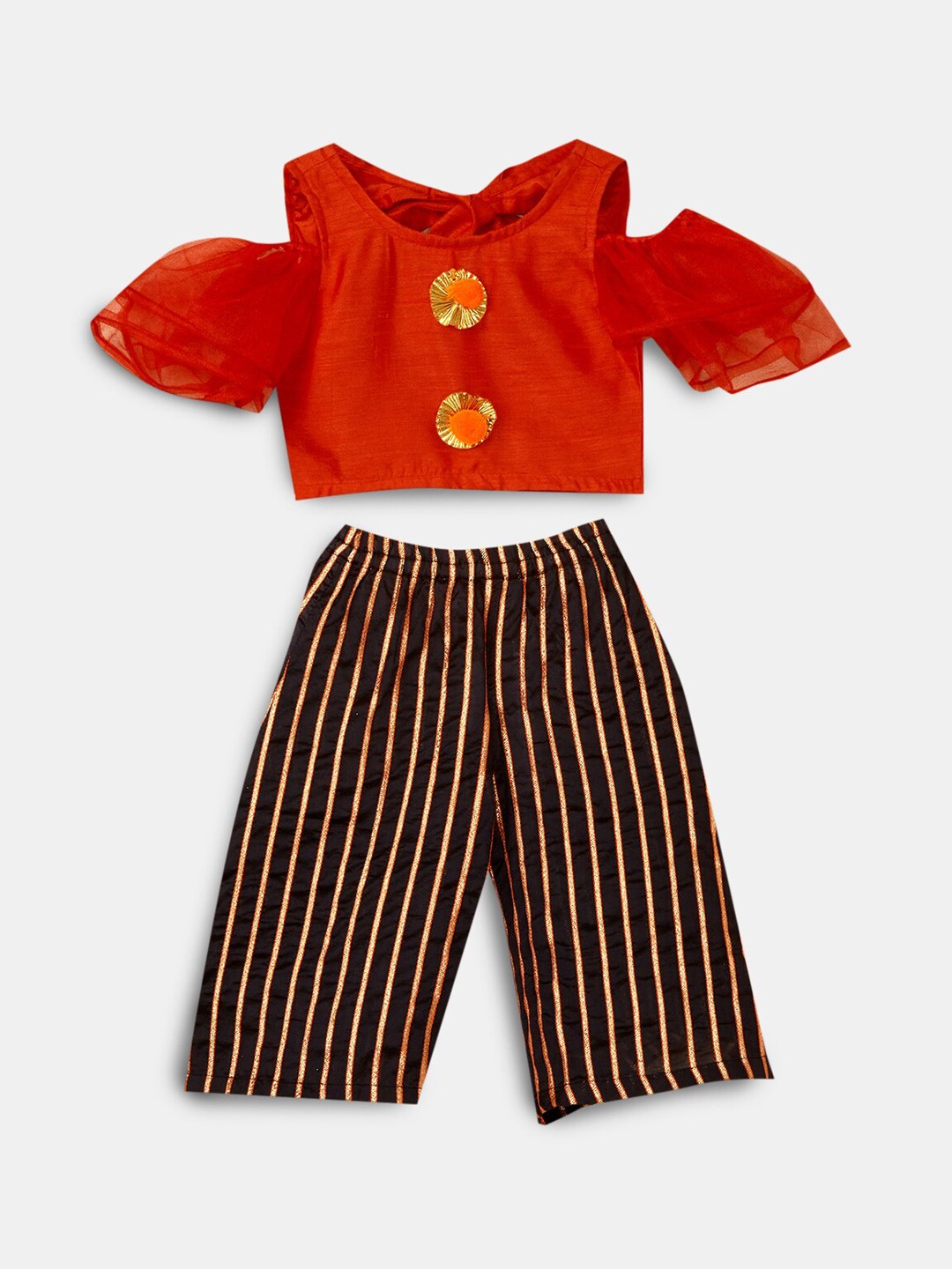

Hopscotch Girls Red Striped Angrakha Pure Silk Kurta with Palazzos