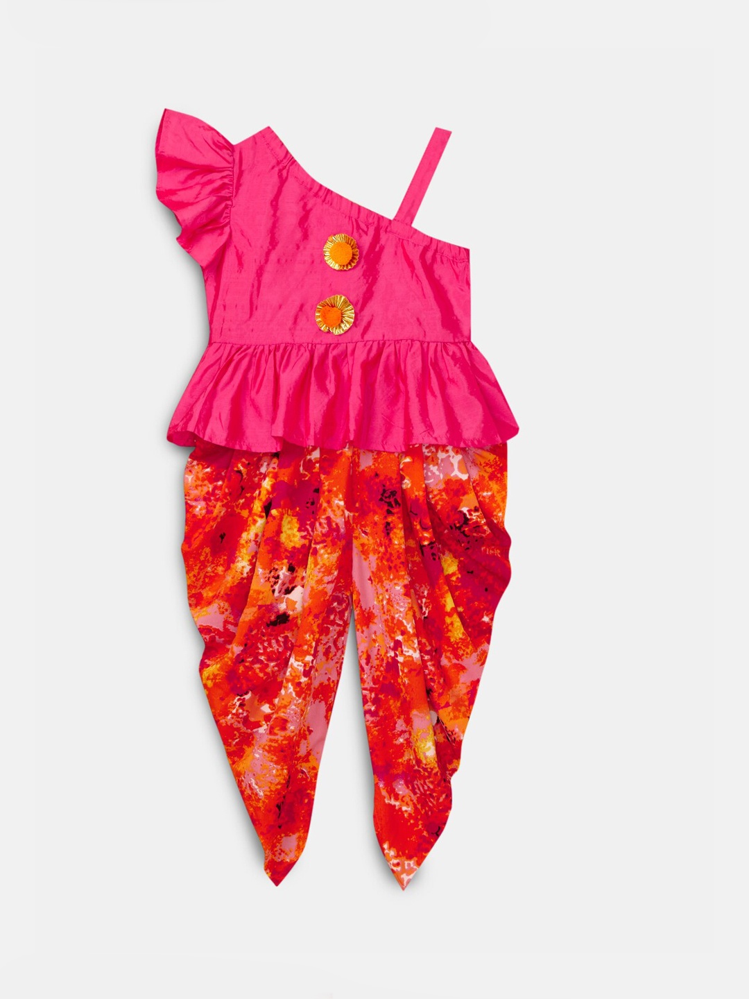 

Hopscotch Girls Magenta Floral Embroidered Pleated Pure Silk Kurti with Dhoti Pants & With Dupatta