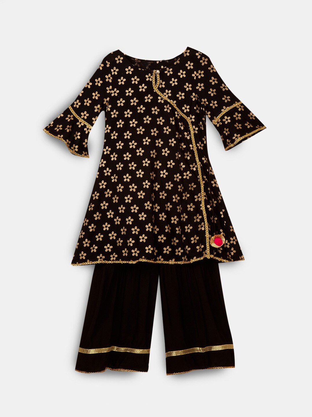 

Hopscotch Girls Black Printed Angrakha Pure Cotton Kurta with Skirt