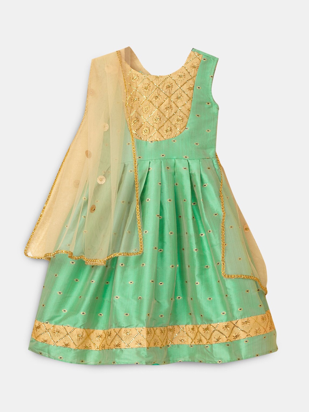 

Hopscotch Girls Green Ethnic Motifs Empire Pure Silk Kurta with Churidar & With Dupatta