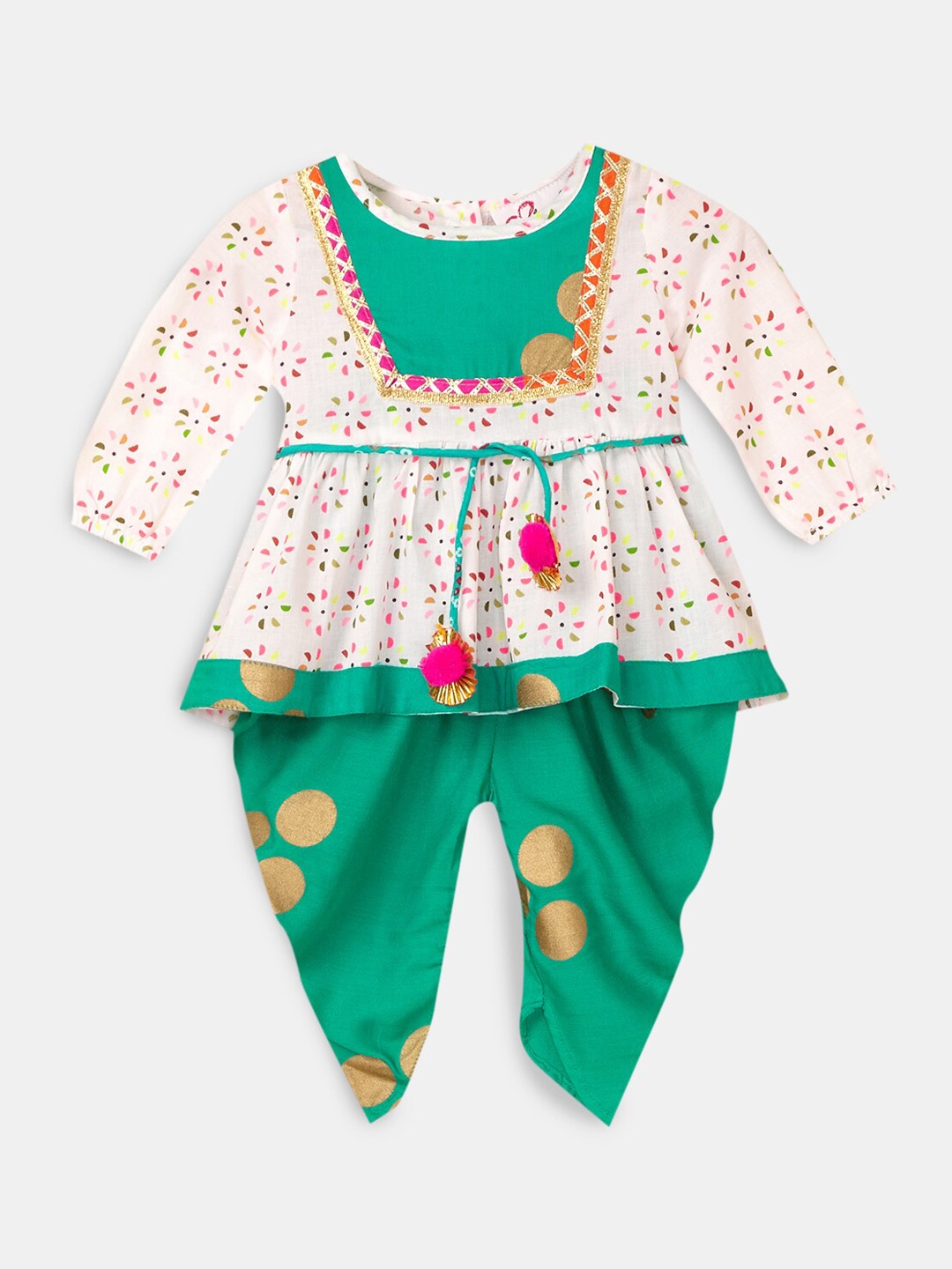 

Hopscotch Girls Blue Floral Printed Pure Cotton Kurti with Skirt & With Dupatta