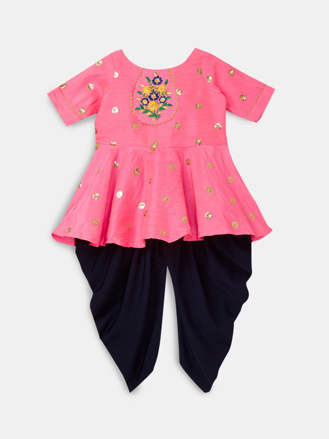 

Hopscotch Girls Pink Floral Embroidered Angrakha Pure Silk Kurta with Skirt & With Dupatta