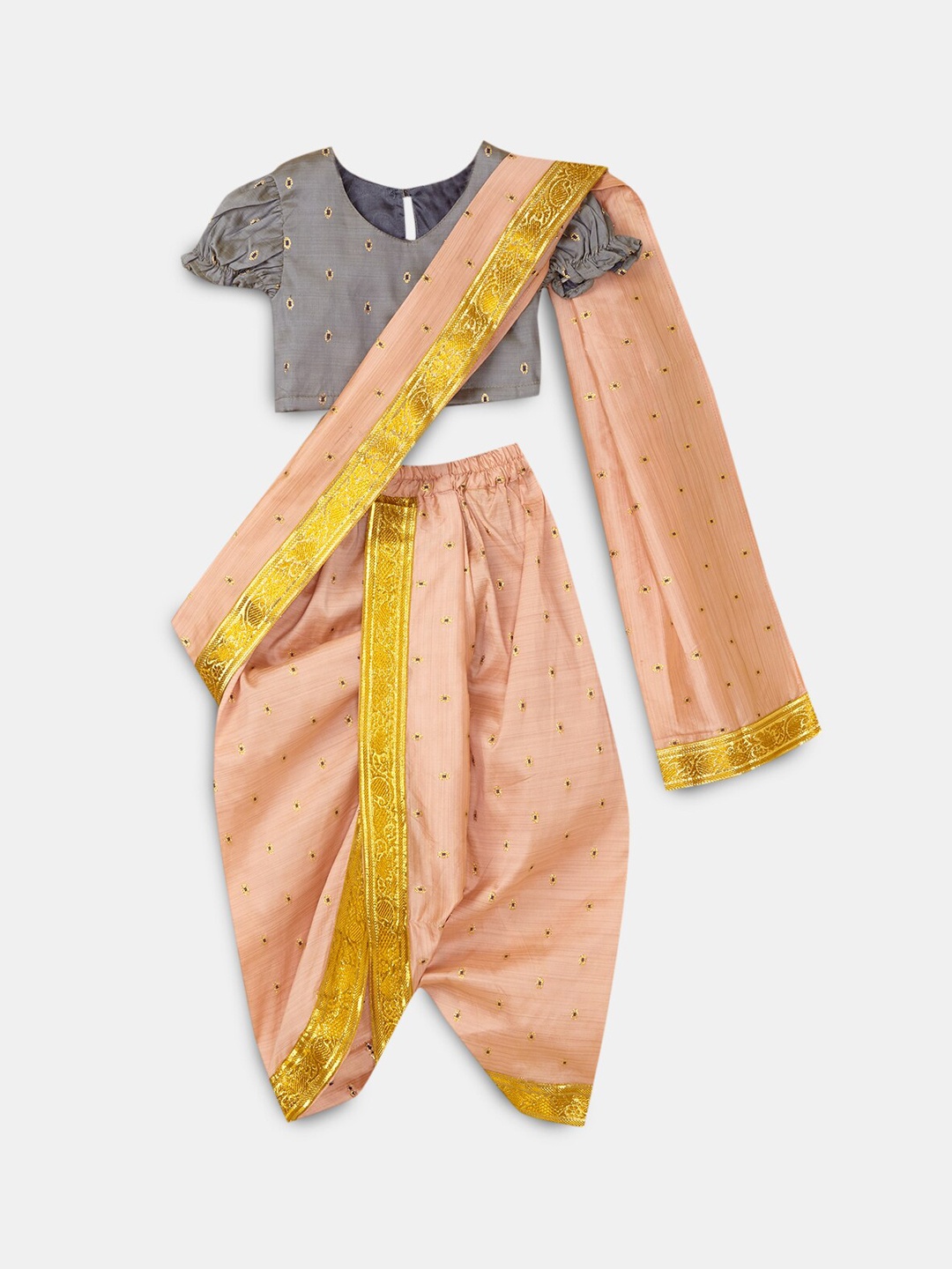 

Hopscotch Girls Peach Ethnic Motifs Embroidered Pure Silk Top with Dhoti Pants