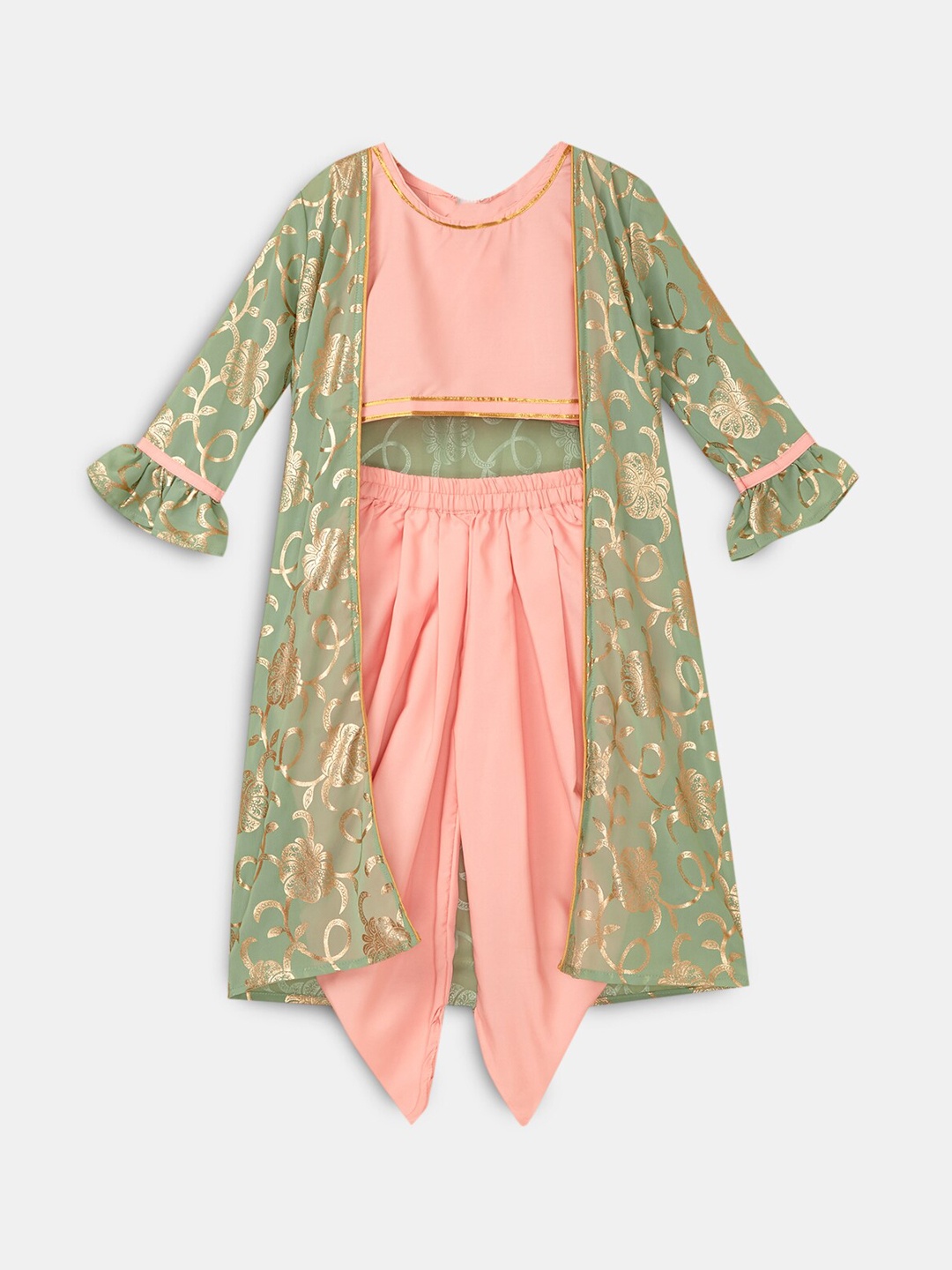 

Hopscotch Girls Green Ethnic Motifs Embroidered Angrakha Kurta with Skirt