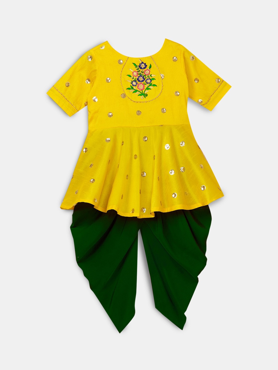 

Hopscotch Girls Yellow Embroidered Angrakha Pure Silk Kurti with Pyjamas & With Dupatta