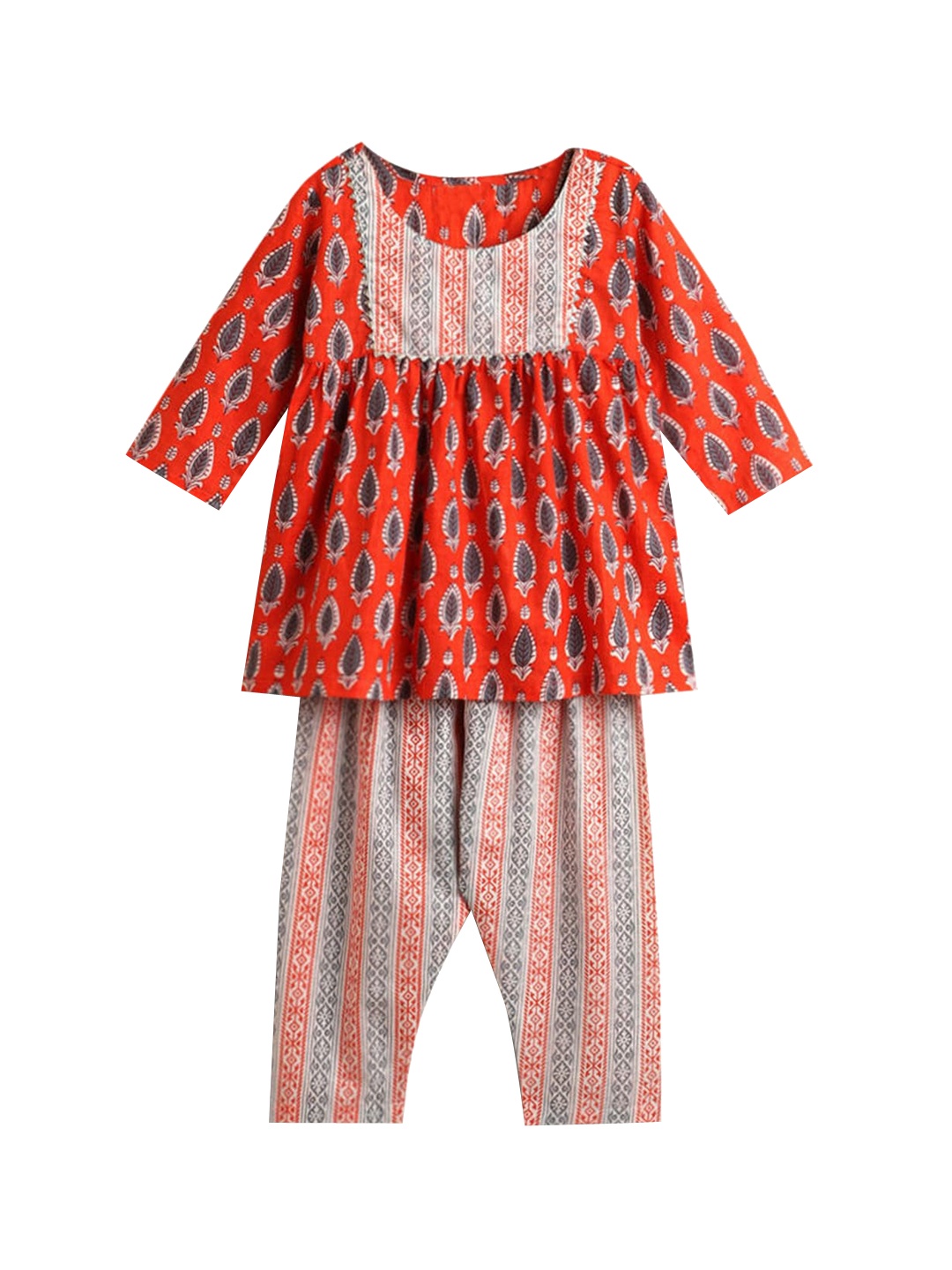 

Hopscotch Girls Orange Tribal Striped Pure Cotton Kurta with Trousers