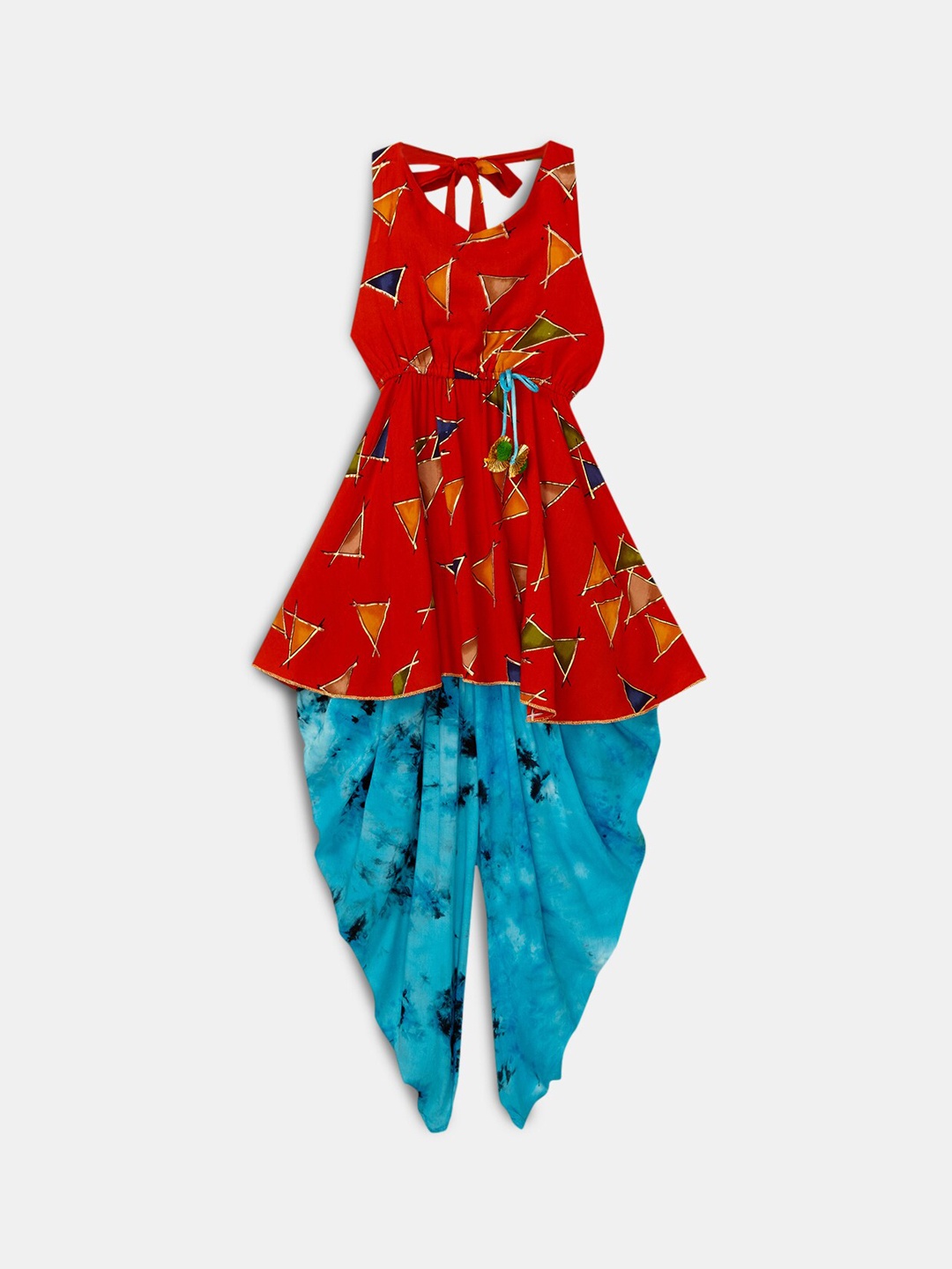 

Hopscotch Girls Red Ethnic Motifs Embroidered Pure Cotton Kurti with Dhoti Pants & With Dupatta