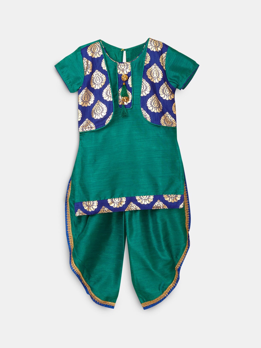 

Hopscotch Girls Green Layered Pure Silk Kurti with Salwar & With Dupatta