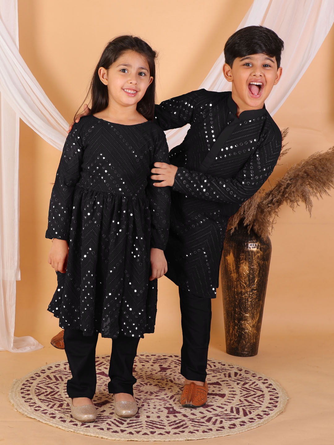 

VASTRAMAY Boys Black Embroidered Layered Mirror Work Kurta with Pyjamas