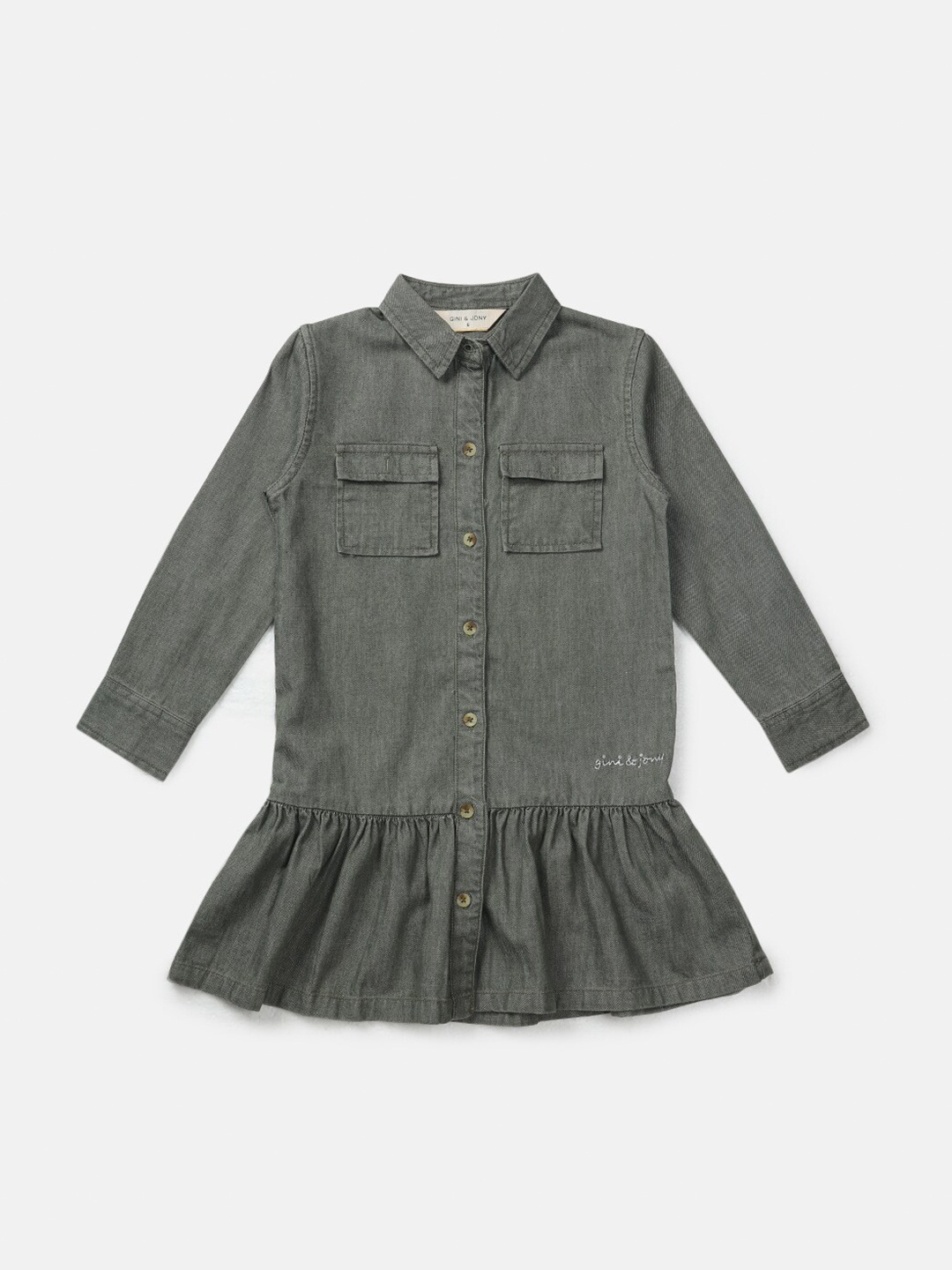 

Gini and Jony Girls Olive Green Solid Cotton Drop Waist Dress