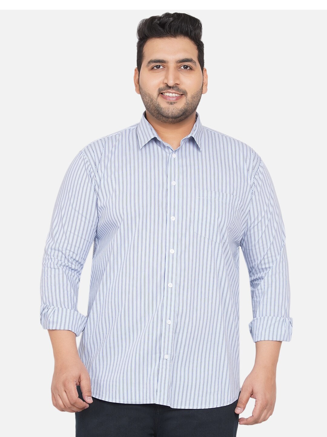 

John Pride Plus Size Men White & Blue Striped Casual Shirt