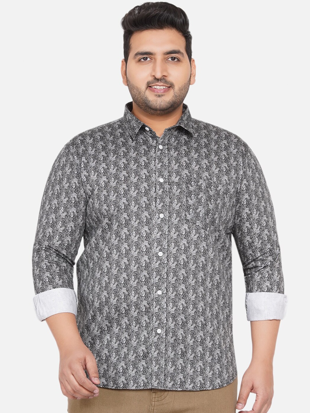 

John Pride Men Plus Size Grey Floral Printed Cotton Casual Shirt