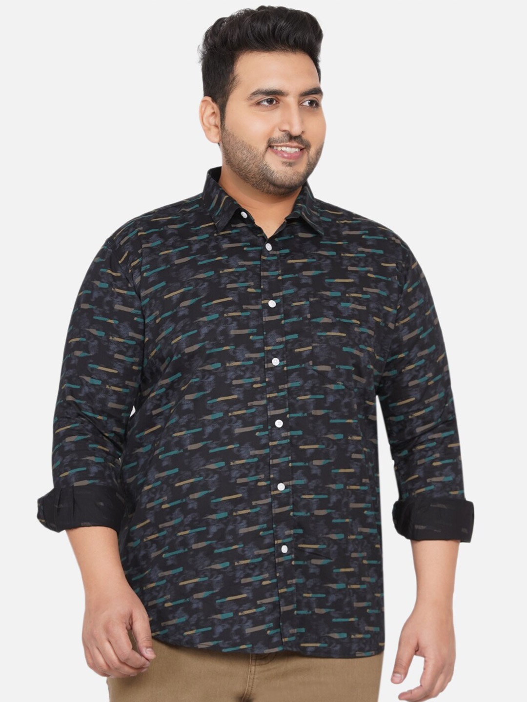 

John Pride Plus Size Men Black Regular Fit Printed Casual Shirt