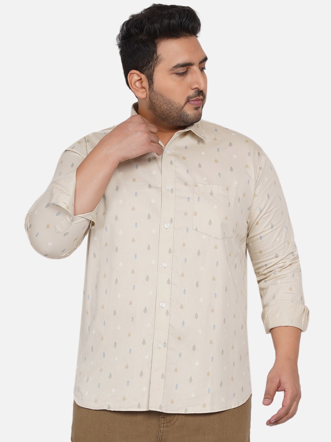 John Pride Plus Size Men Beige Printed Casual Shirt