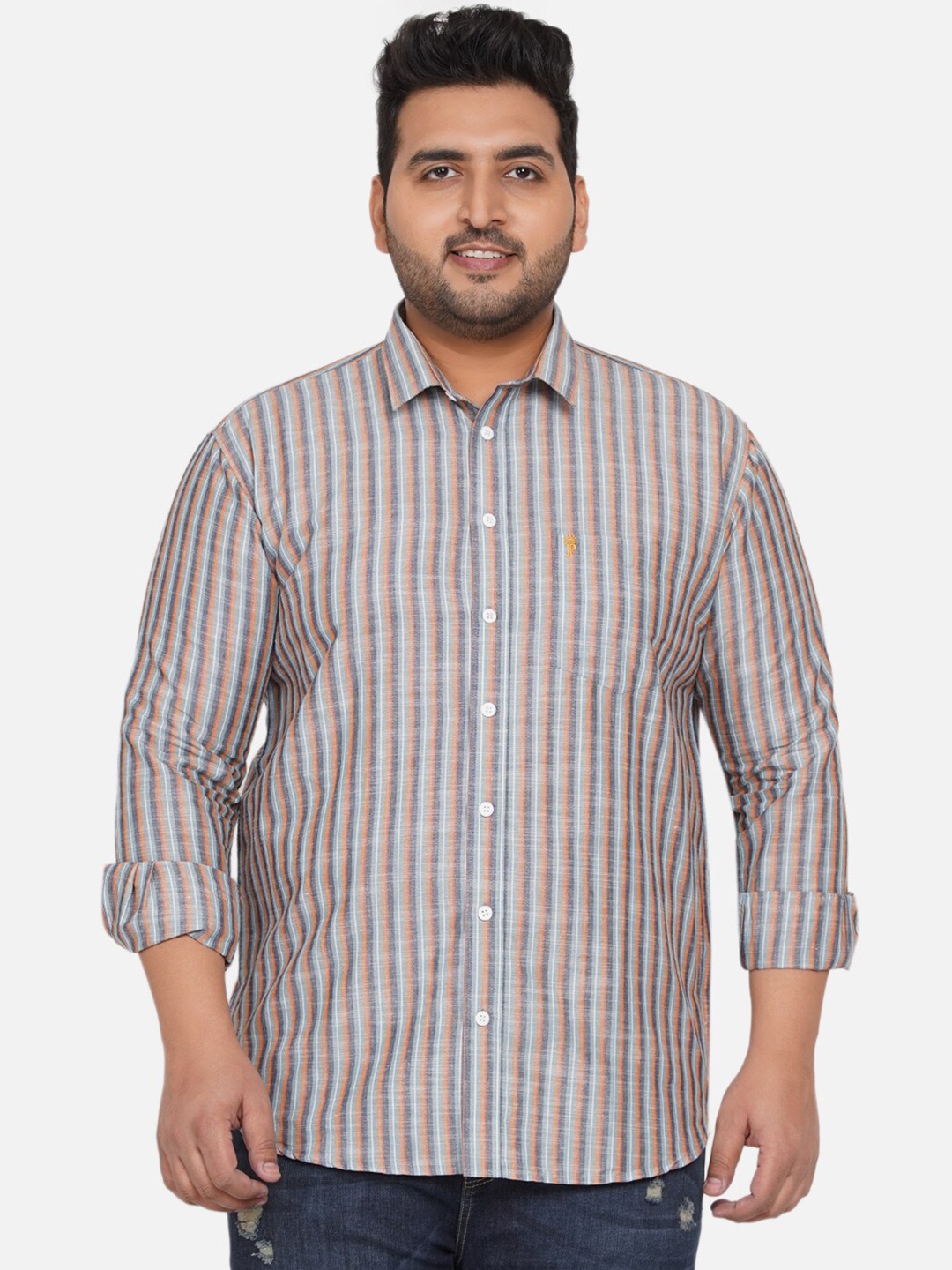 John Pride Plus Size Men Grey Striped Casual Shirt