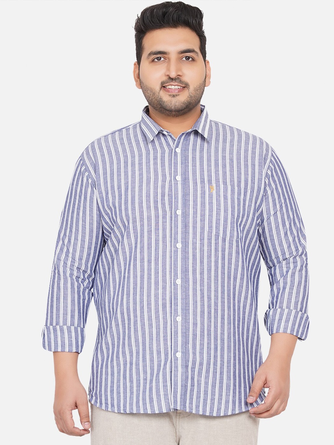 

John Pride Men Plus Size Blue Striped Casual Shirt