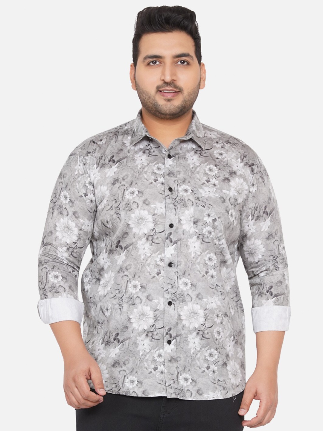

John Pride Men Plus Size Grey & White Floral Printed Cotton Casual Shirt