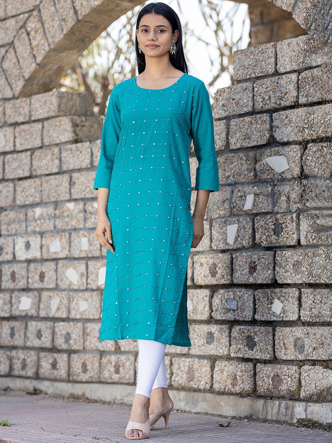 

KAAJH Women Teal & River Blue Ethnic Motifs Mirror Work Summer Sheers Pure Cotton Kurta