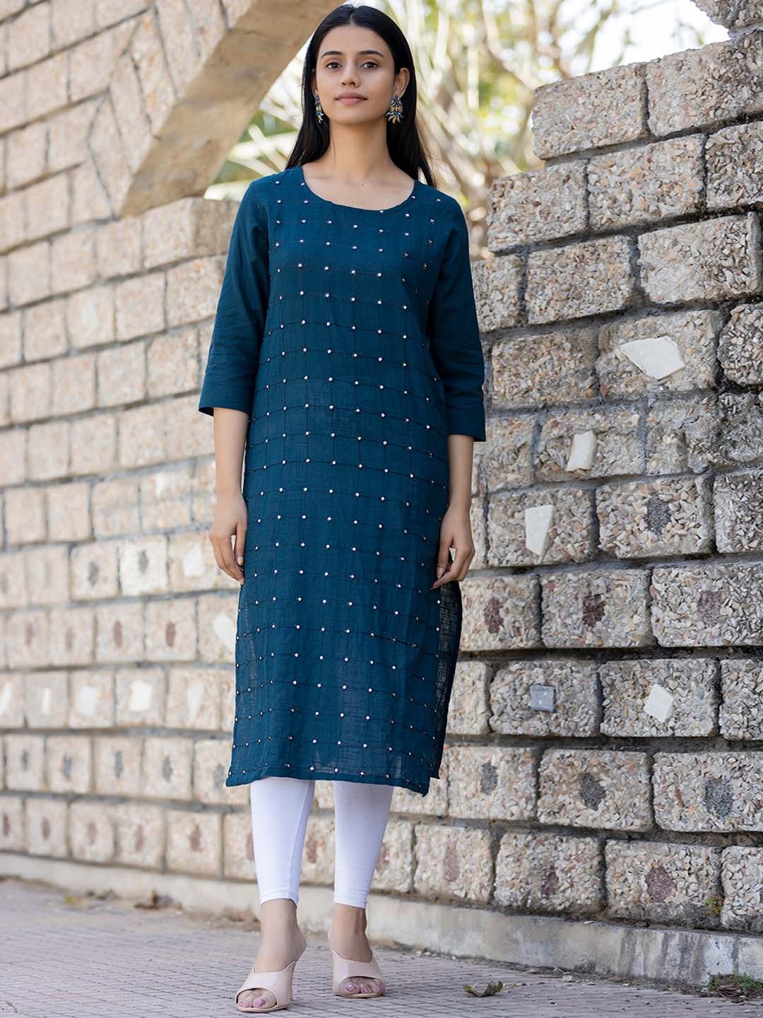 

KAAJH Women Navy Blue Mirror Work Cotton Straight Kurta