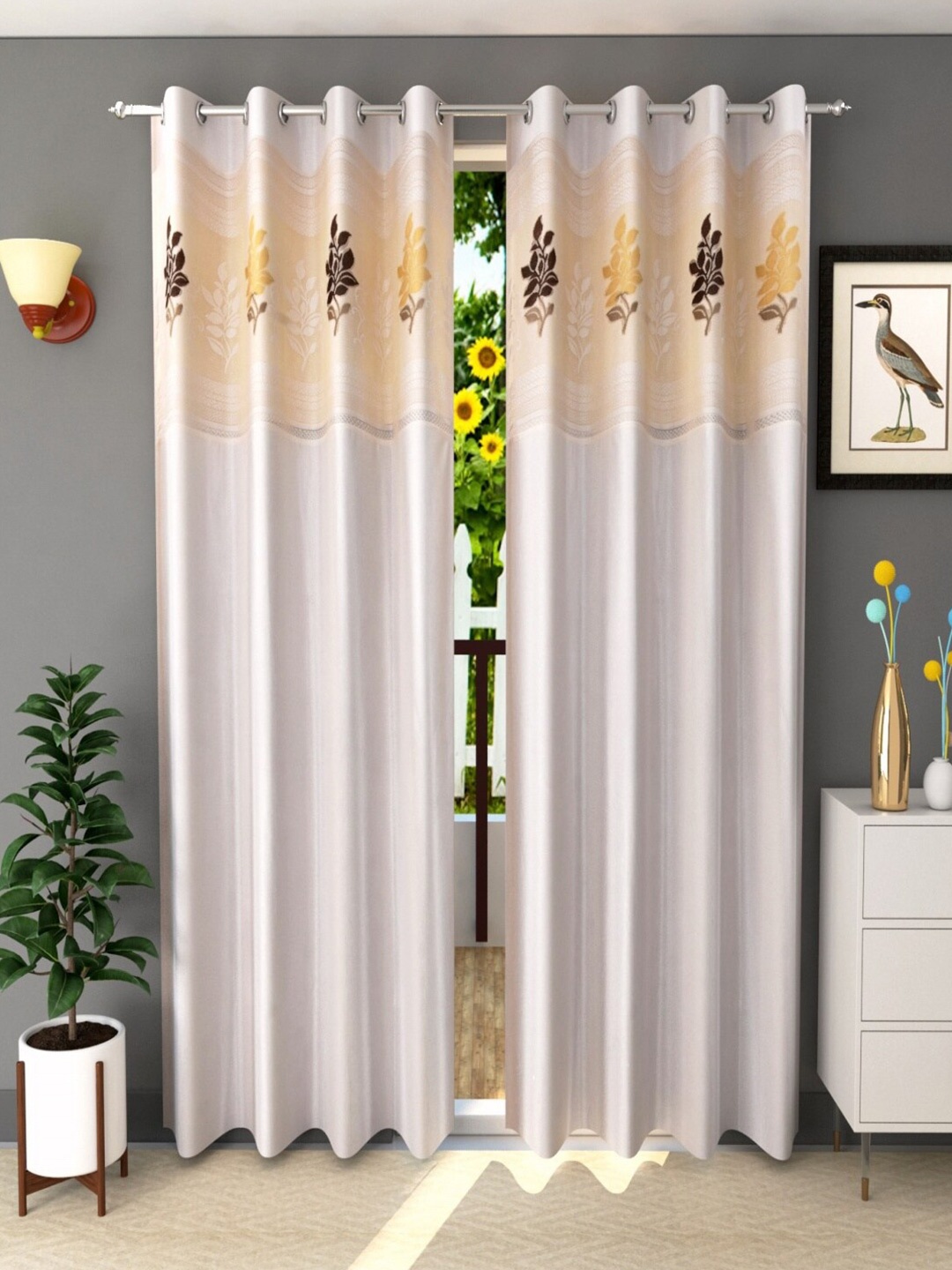 

Homefab India Cream-Coloured & Brown Set of 2 Floral Sheer Door Curtain