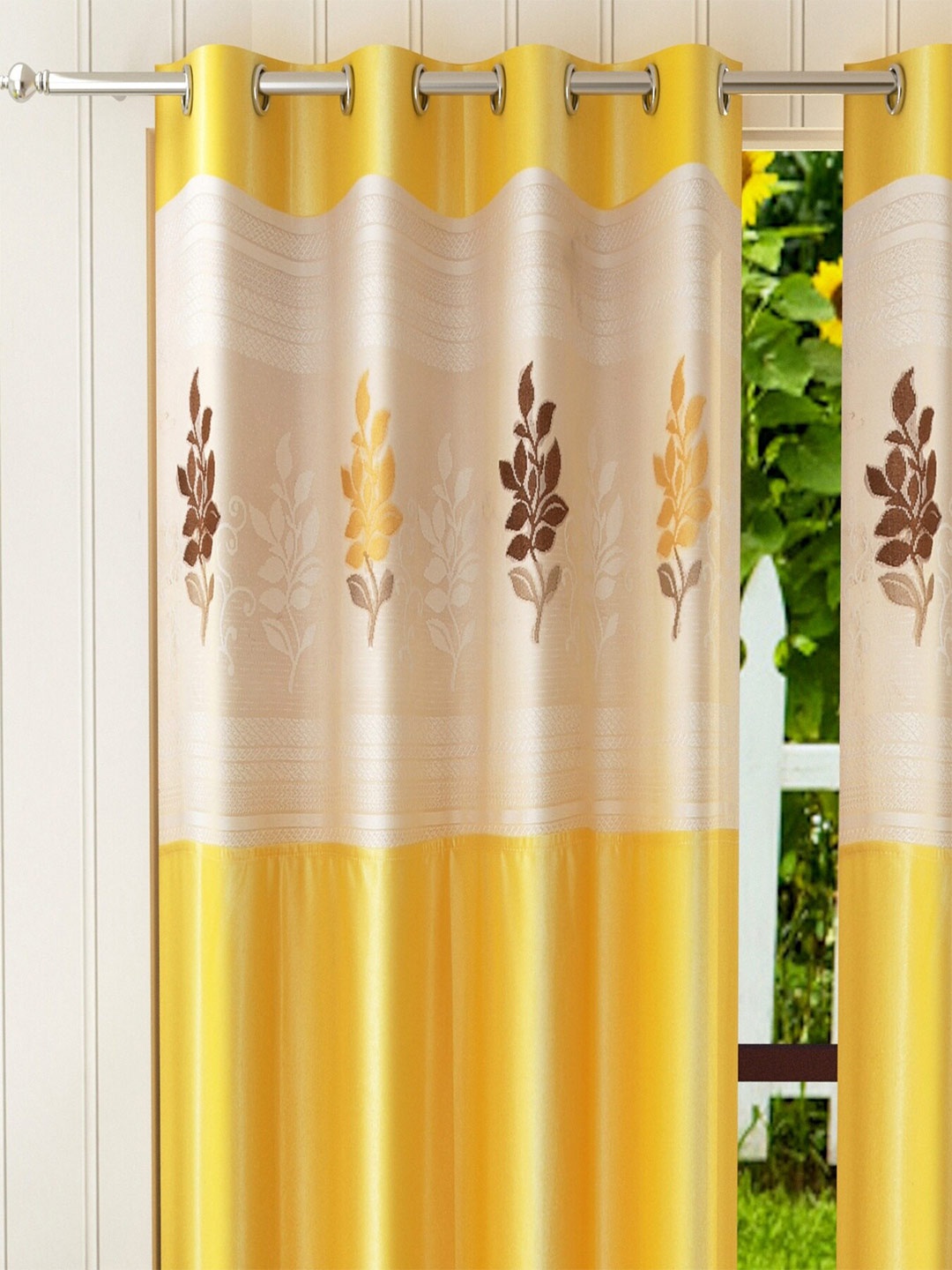 

Homefab India Yellow & White Set of 2 Floral Sheer Long Door Curtain