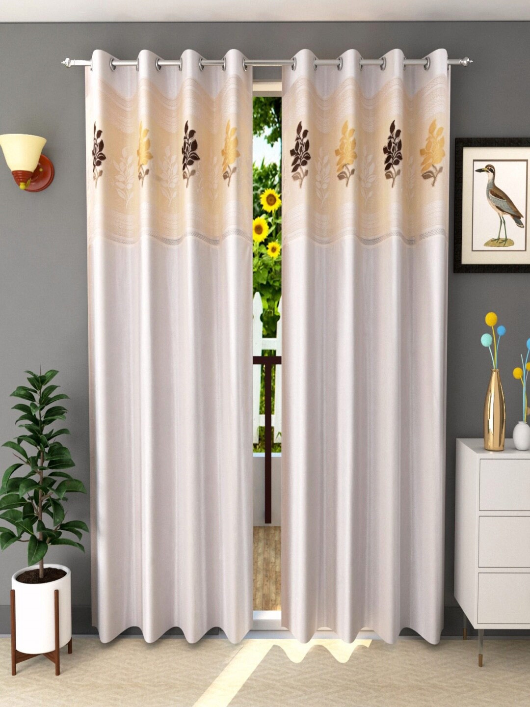

Homefab India Cream-Coloured & Orange Set of 2 Floral Long Door Curtains