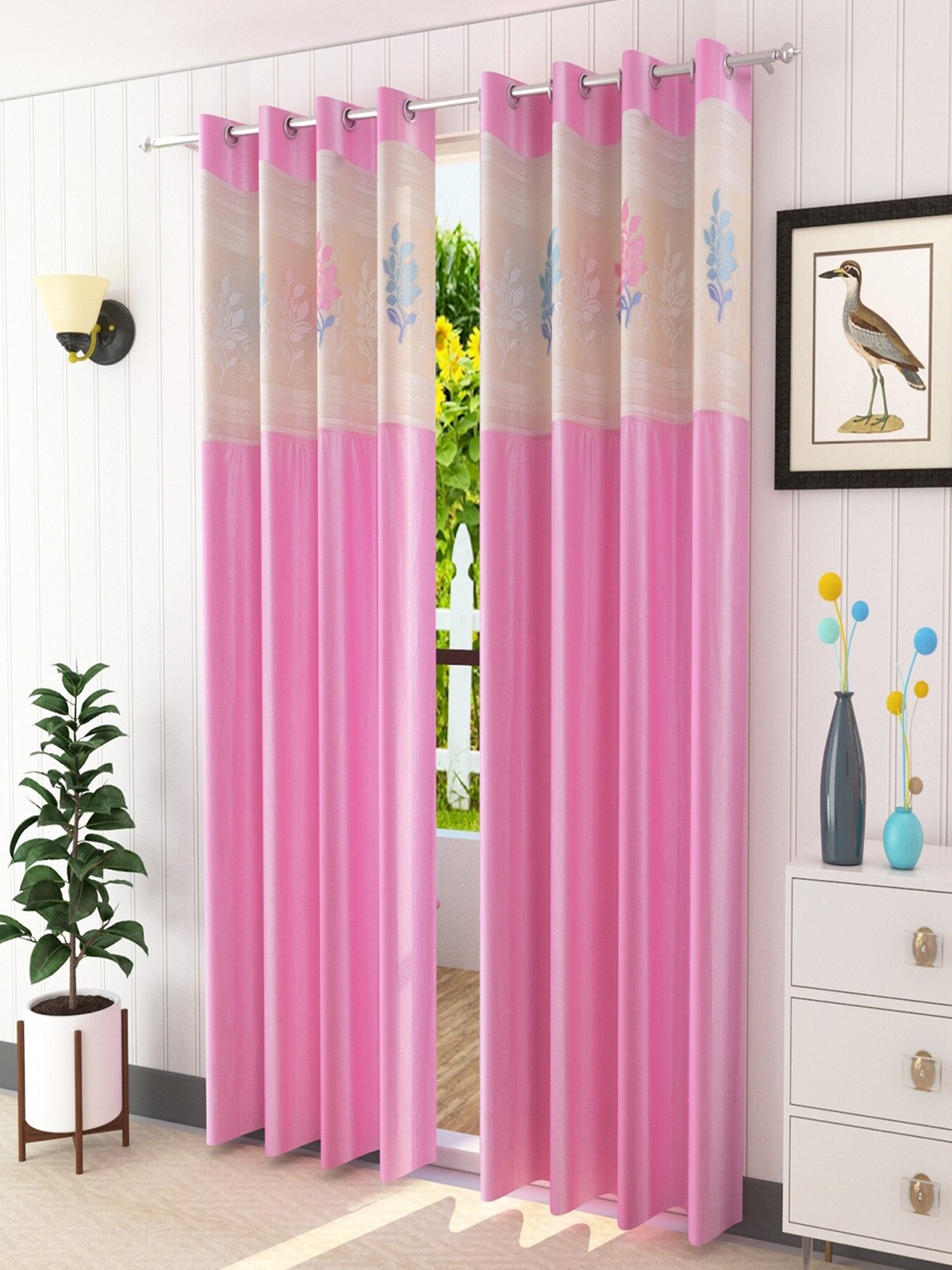 

Homefab India Pink & Blue Set Of 2 Floral Sheer Long Door Eyelet Fitting Curtain-9 Feet