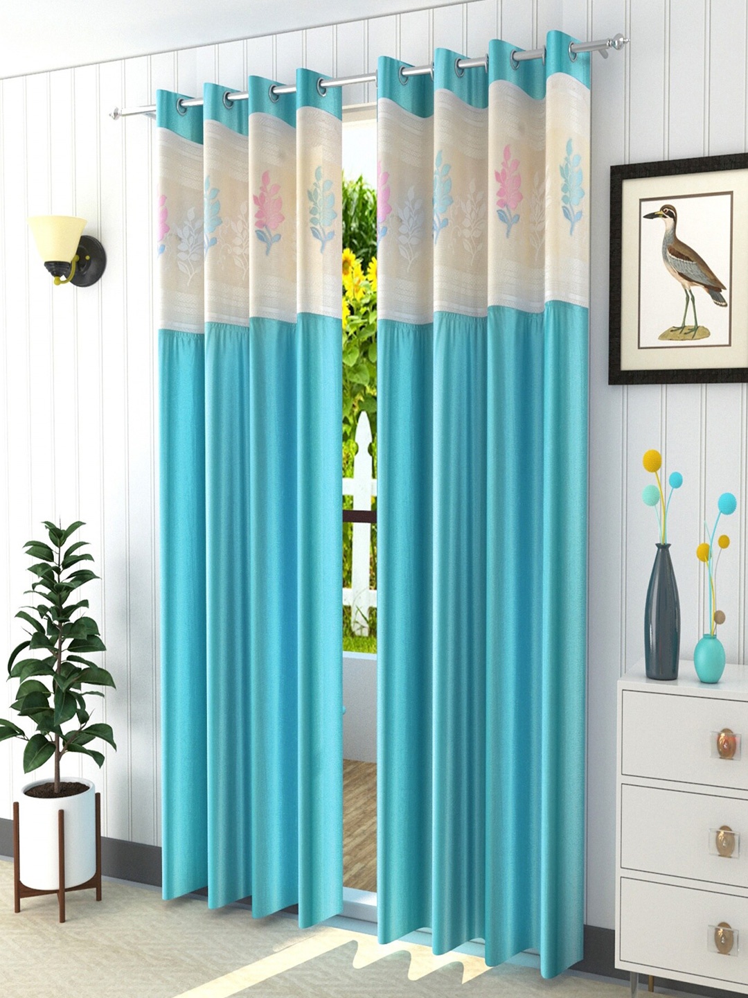 

Homefab India Turquoise Blue & Cream-Coloured Set of 2 Floral Sheer Long Door Curtain