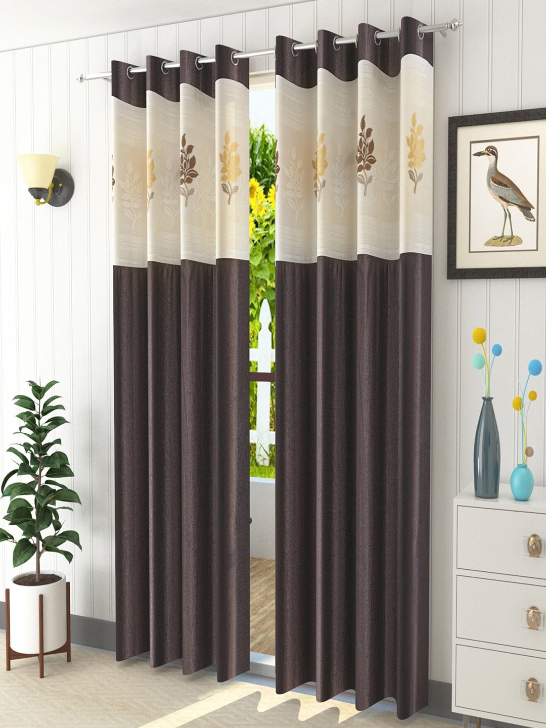 

Homefab India Coffee Brown & White Set of 2 Floral Door Curtain