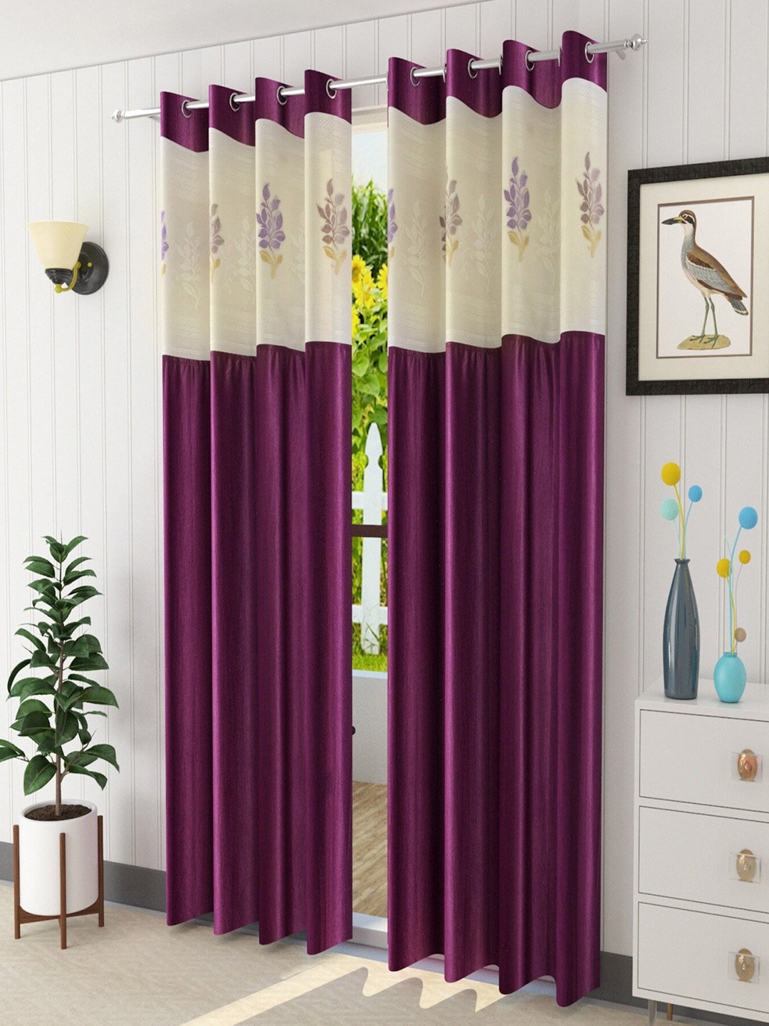 

Homefab India Burgundy & White Set of 2 Floral Sheer Door Curtain