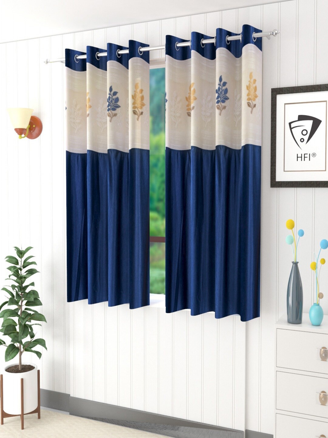 

Homefab India Set of 2 Navy Blue & Cream Colored Floral Sheer Window Curtain