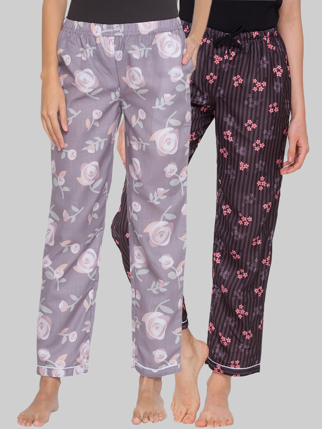 

FashionRack Women Pack of 2 Brown & Grey Printed Cotton Lounge Pants