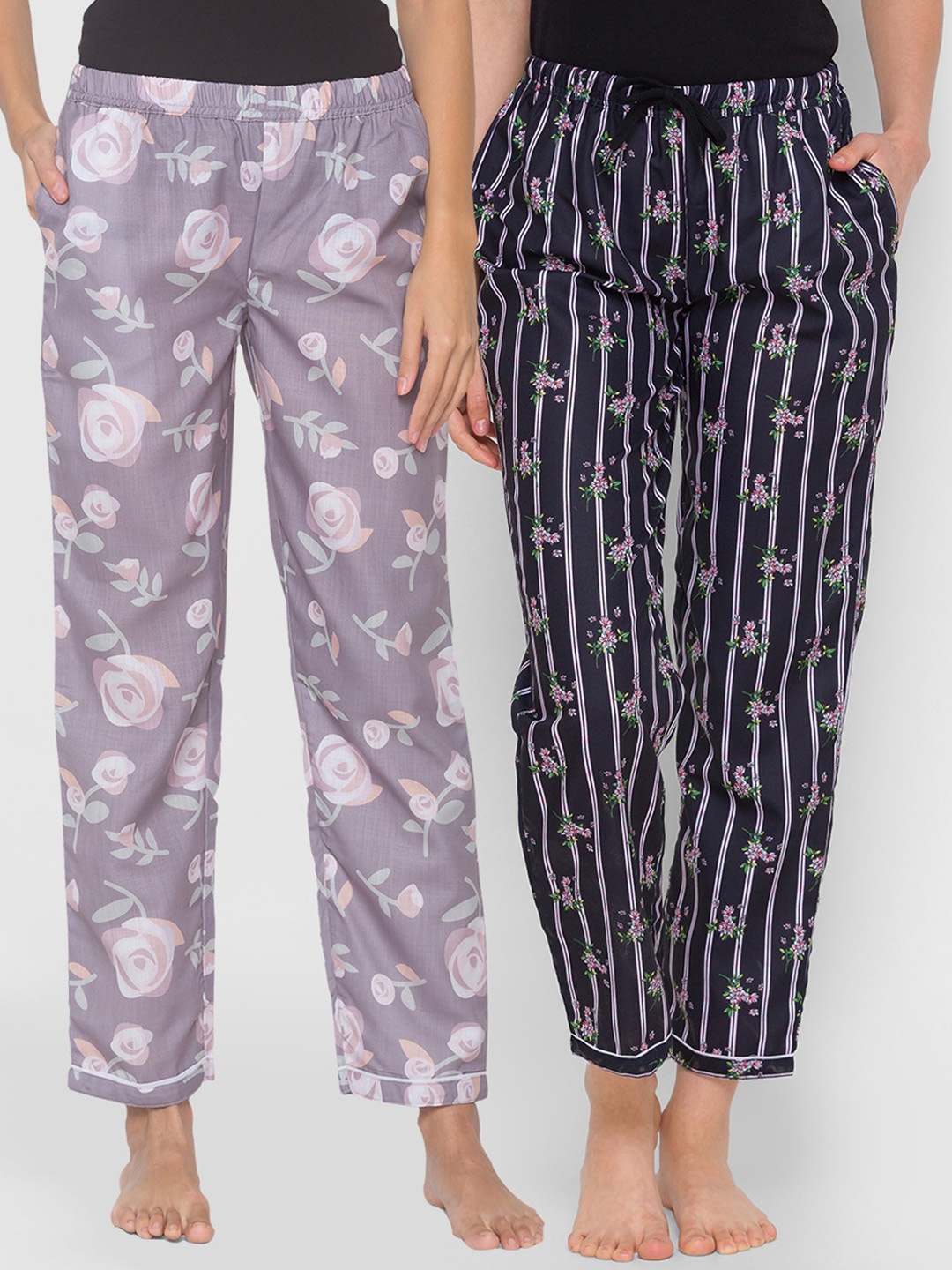 

FashionRack Women Pack of 2 Grey & Black Printed Cotton Lounge Pants