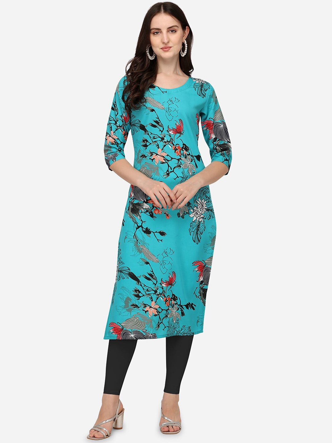 

LEWAWAA Women Turquoise Blue & Black Floral Printed Straight Kurta