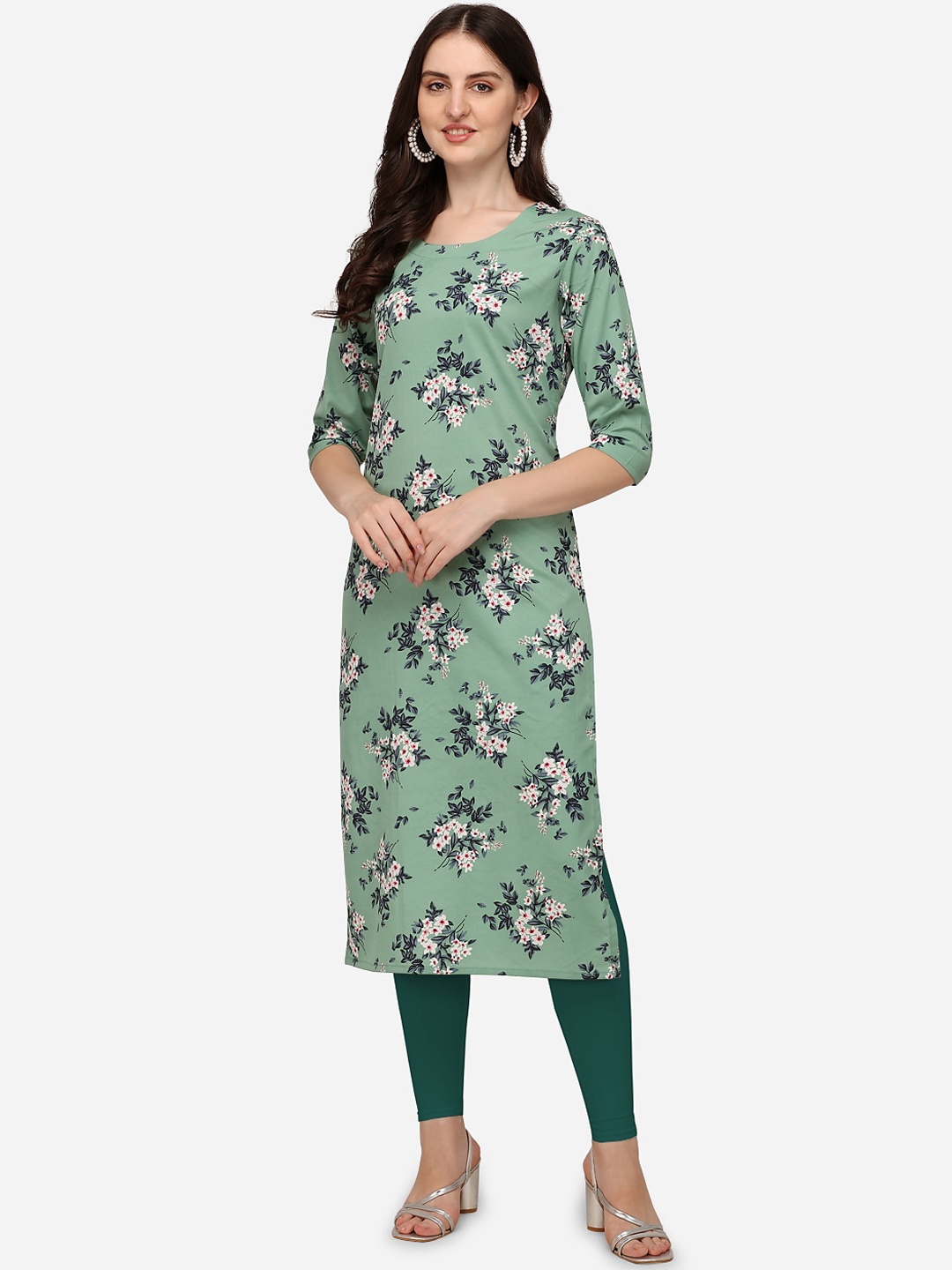

LEWAWAA Women Green & Blue Floral Printed Crepe Kurta