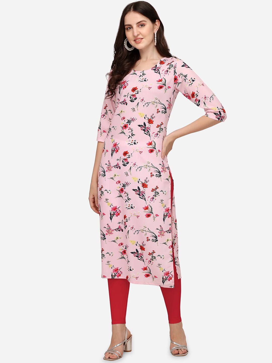 

LEWAWAA Women Pink & Red Floral Printed Crepe Kurta