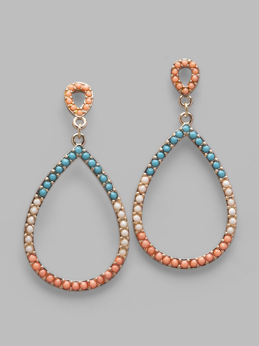 

Globus Peach-Coloured & Blue Gold-Plated Teardrop Shaped Drop Earrings
