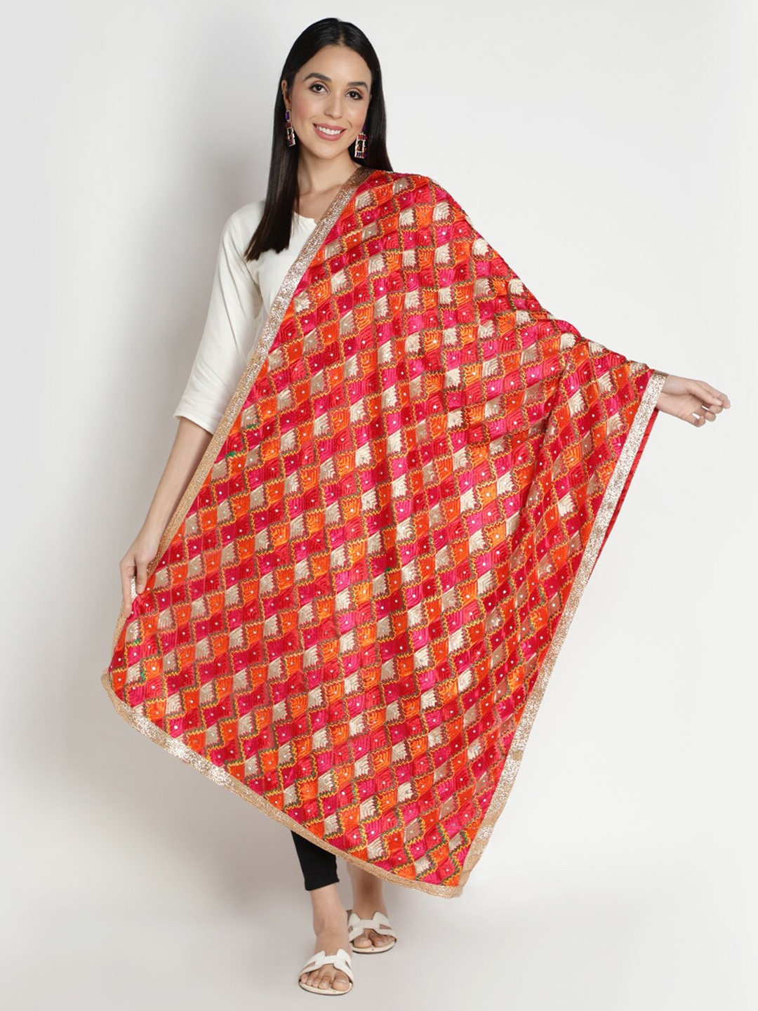 

Moda Chales Orange & Pink Embroidered Dupatta