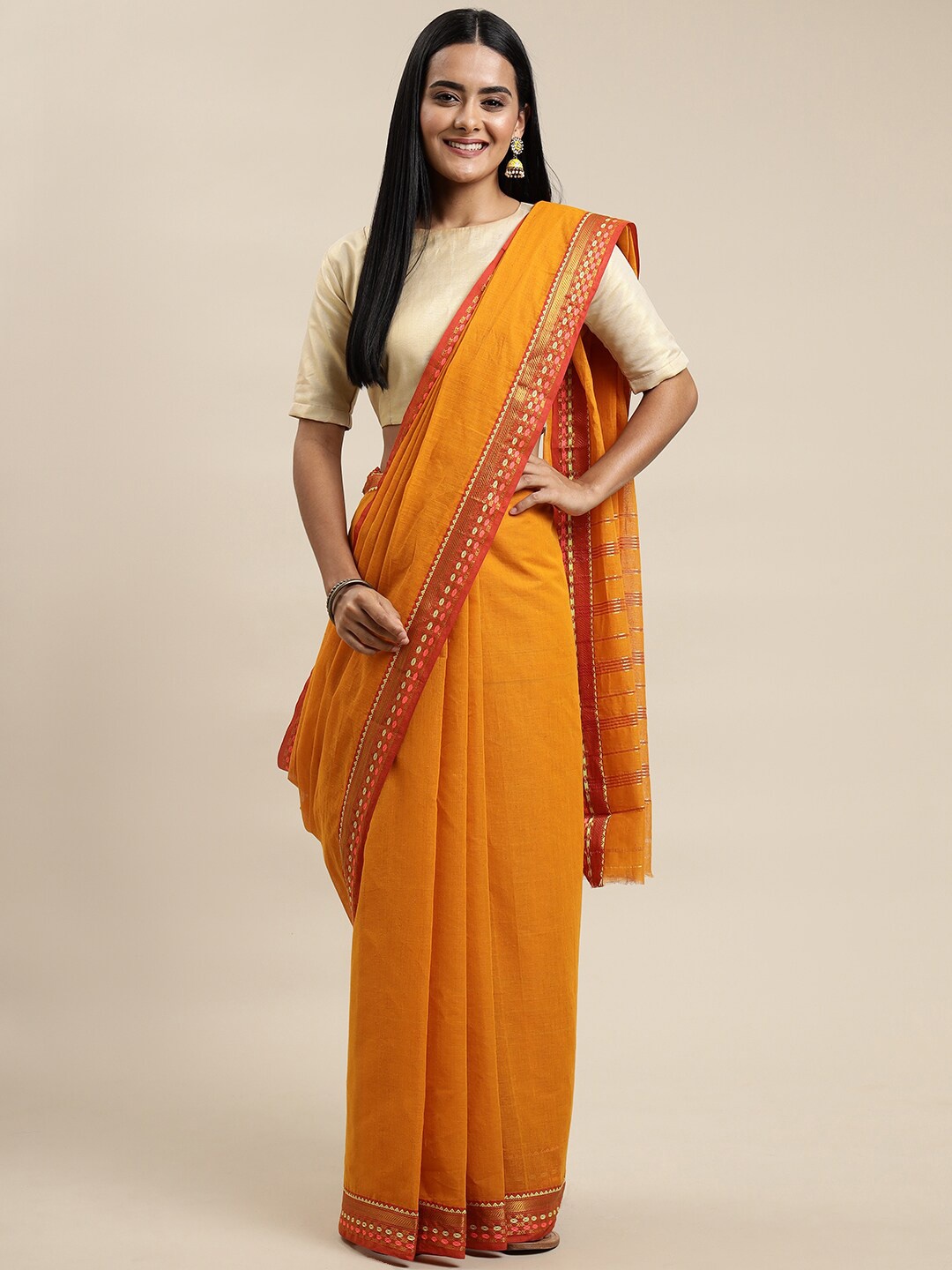 

Pavechas Gold-Toned & Red Zari Pure Cotton Narayan Peth Saree