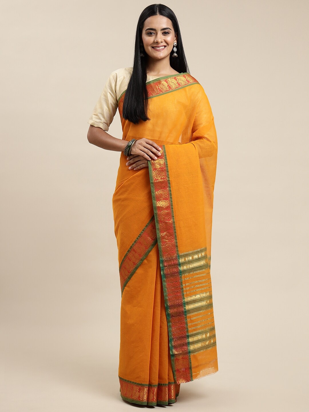 

Pavechas Gold-Toned & Rust Zari Pure Cotton Ilkal Saree