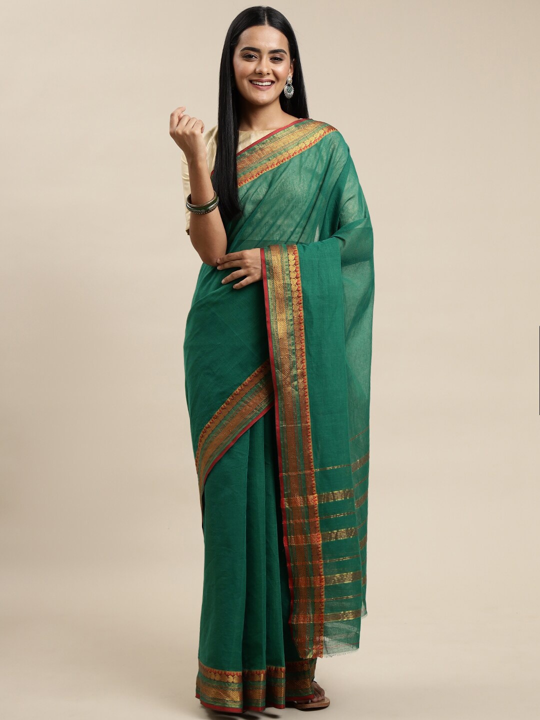 

Pavechas Green & Red Zari Pure Cotton Narayan Peth Saree