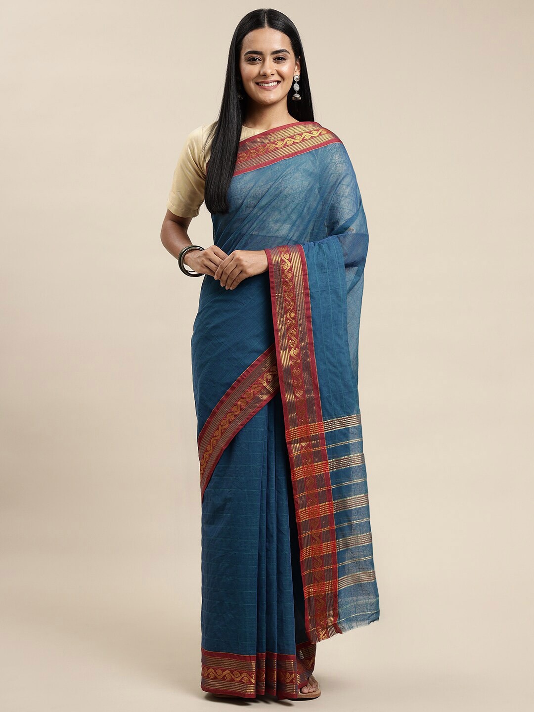 

Pavechas Teal & Red Zari Pure Cotton Narayan Peth Saree