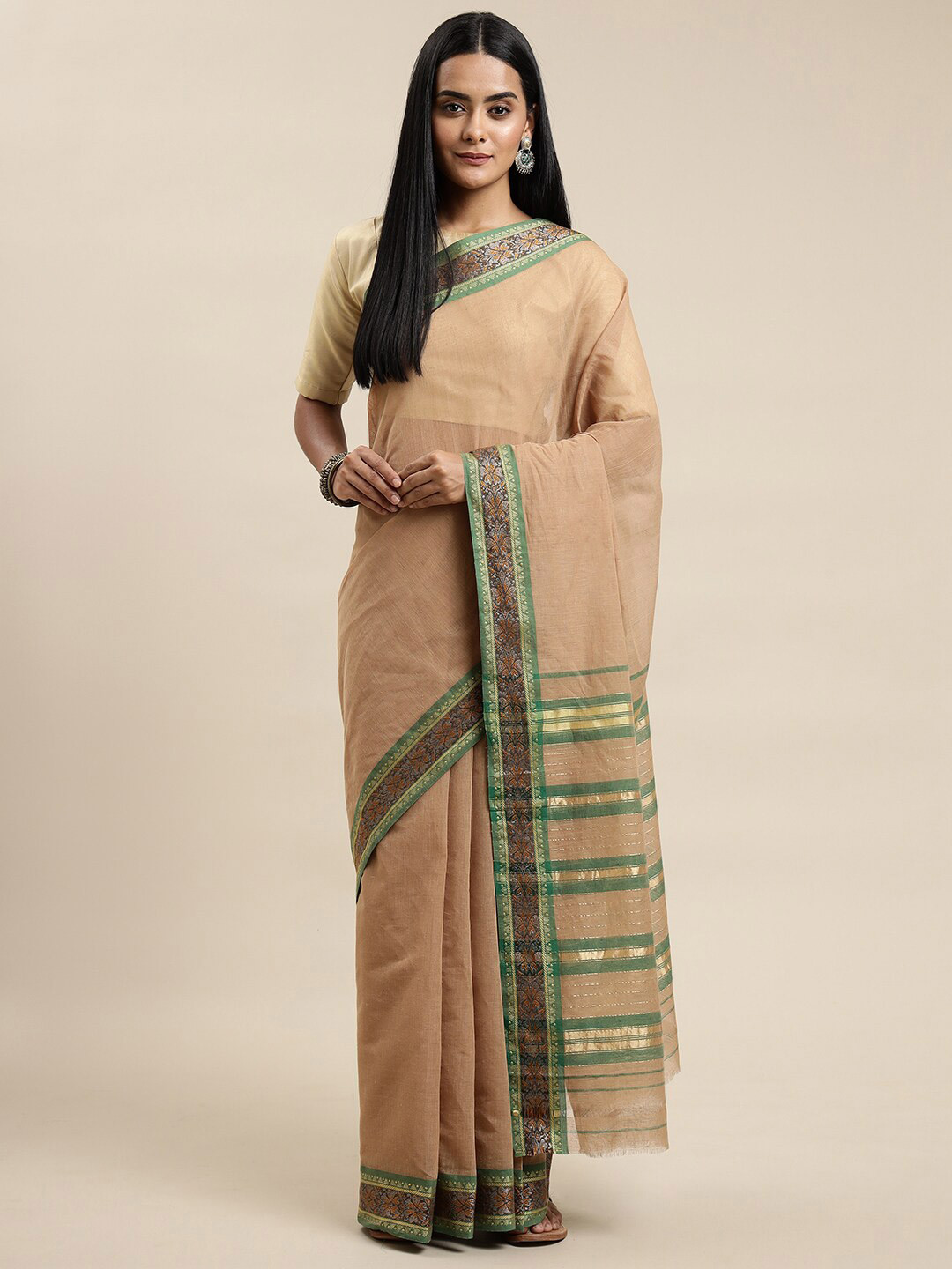 

Pavechas Beige & Green Zari Pure Cotton Narayan Peth Saree