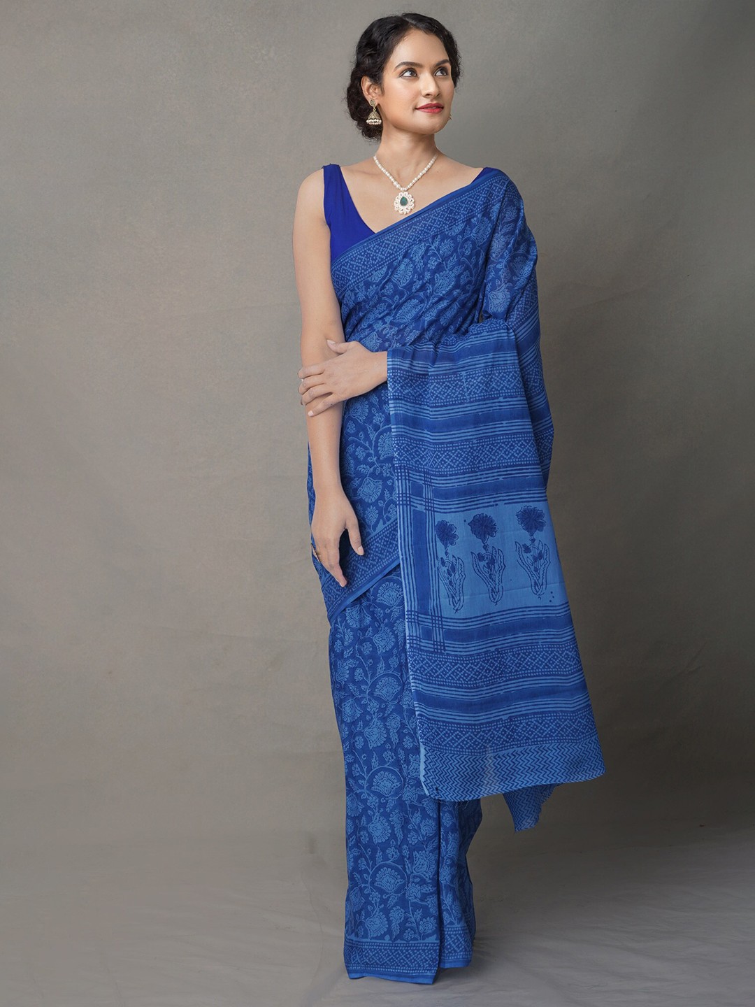 

Unnati Silks Blue Ethnic Motifs Pure Cotton Block Print Saree
