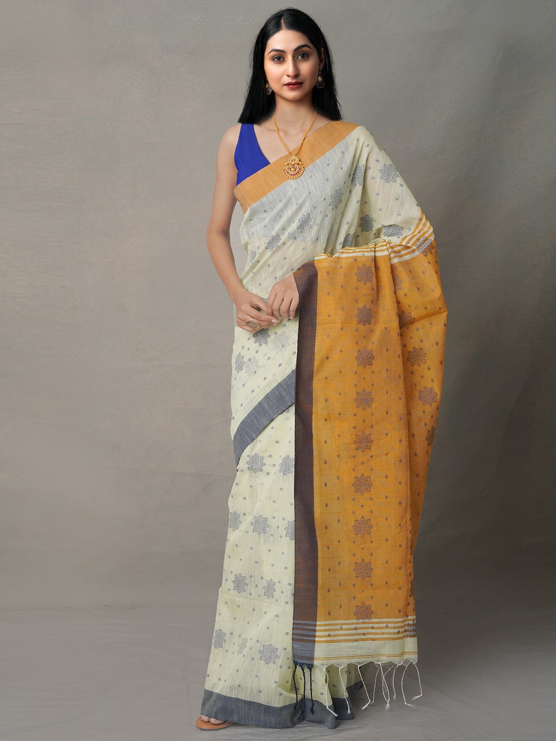 

Unnati Silks Cream-Coloured & Mustard Woven Design Pure Linen Jamdani Saree