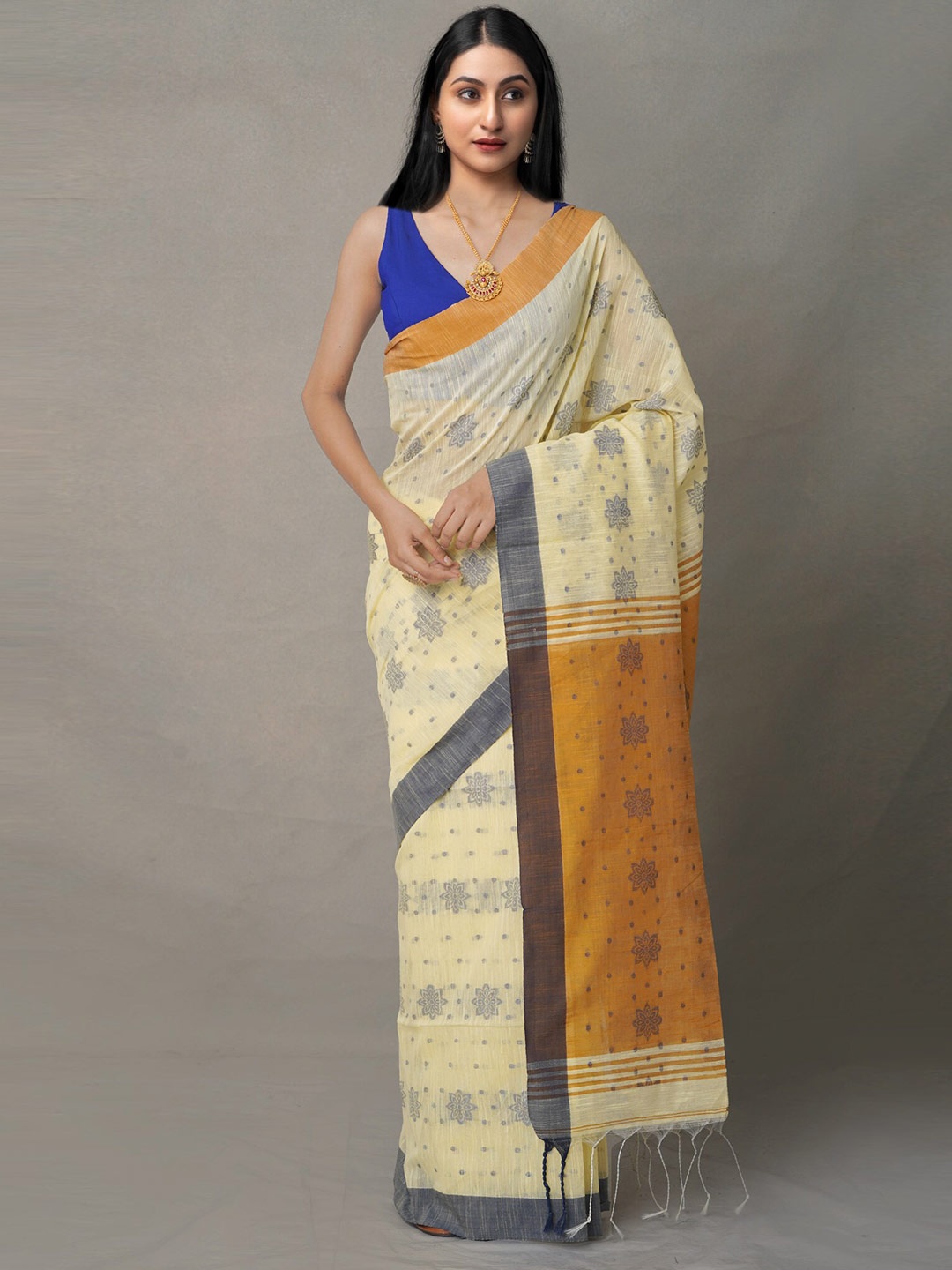 

Unnati Silks Yellow & Brown Woven Design Pure Linen Jamdani Saree