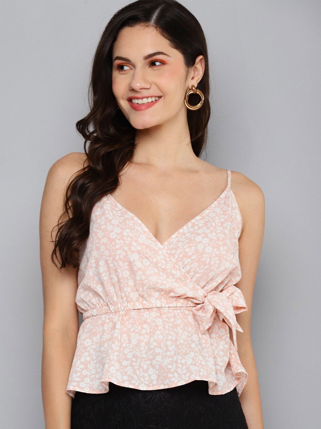 

SASSAFRAS Beige Floral Print Wrap Top
