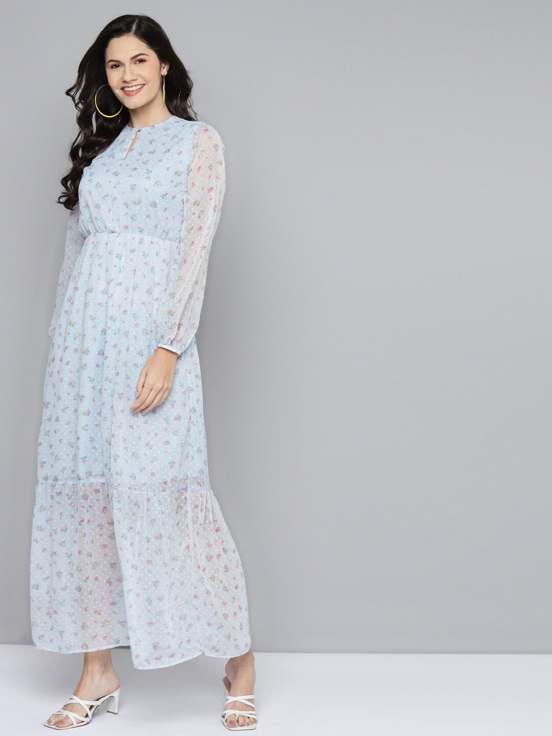 

SASSAFRAS Blue & Pink Floral Dobby Maxi Dress